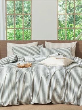 MooMee Striped Duvet Cover Set 100%
Washed Cotton Linen Like Textured full 80x90